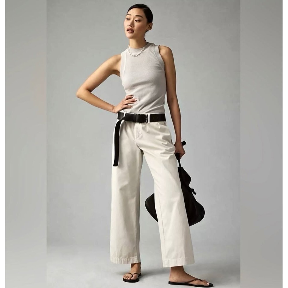 Anthropologie Maeve Chino Pants Womens 6 Off-White Pleated Wide-leg Cotton Twill